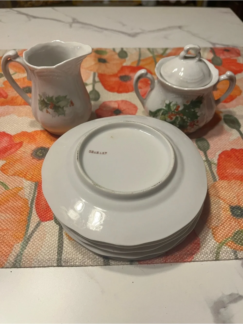 Vintage Germany Christmas Holly Berry Dessert Plate Set Creamer Sugar Pot